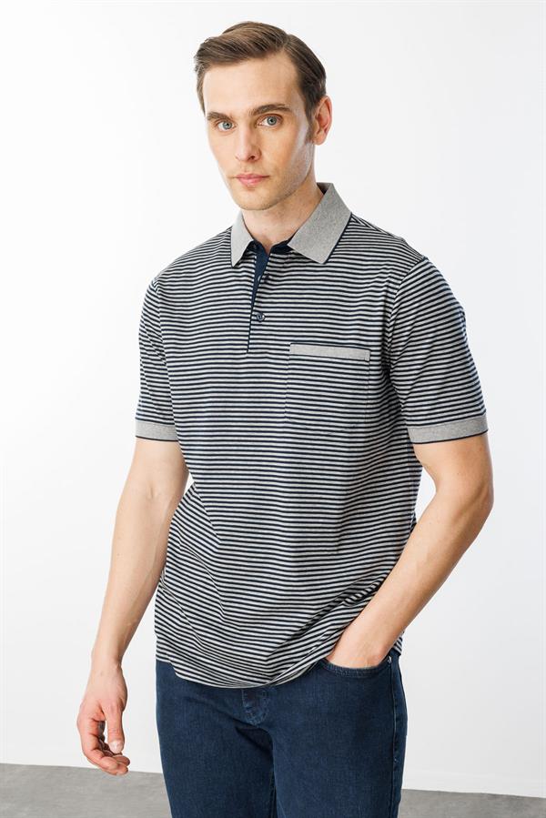 Erkek Polo Yaka Çizgili %100 Pamuk T-shirt Gri