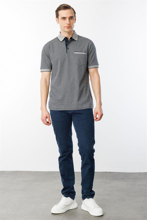 Erkek Polo Yaka Çizgili %100 Pamuk T-shirt Gri
