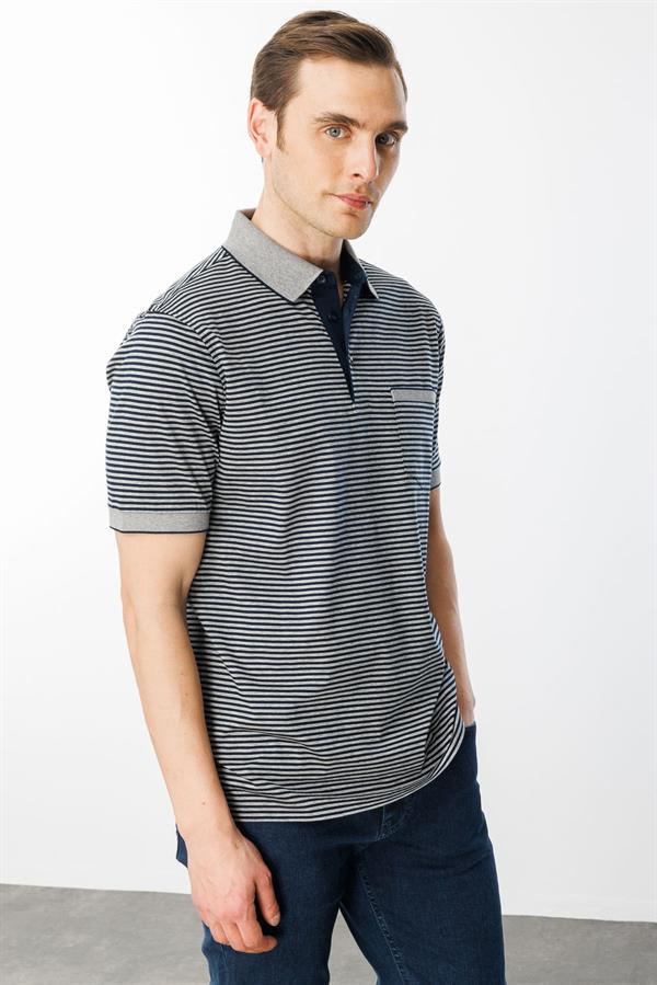 Erkek Polo Yaka Çizgili %100 Pamuk T-shirt Gri