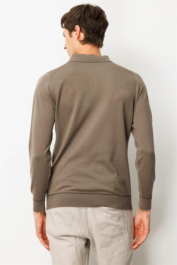 Erkek Polo Yaka Çizgili Baklavalı Yün Kazak Vizon