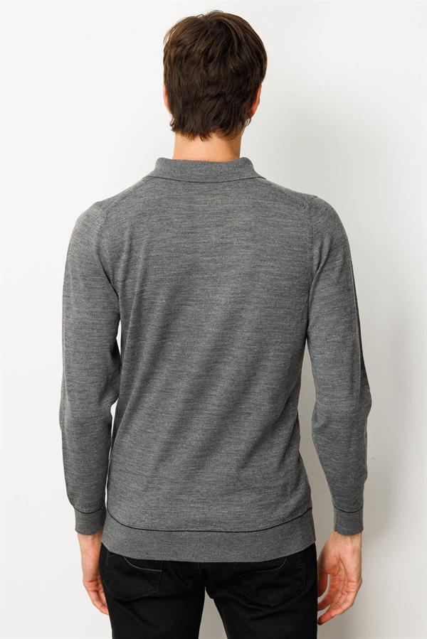 Erkek Polo Yaka Çizgili Baklavalı Yün Kazak Füme