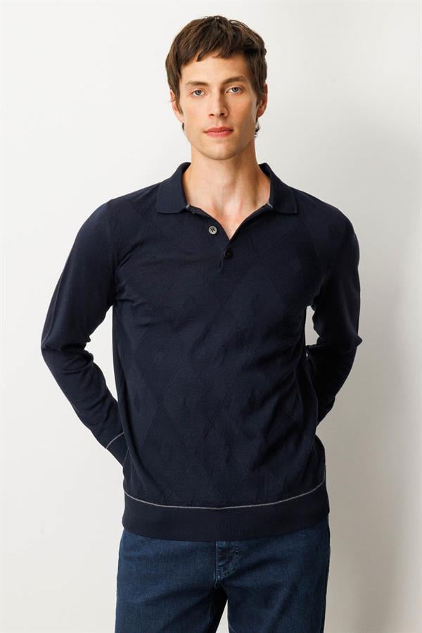 Erkek Polo Yaka Çizgili Baklavalı Yün Kazak K.Lacivert