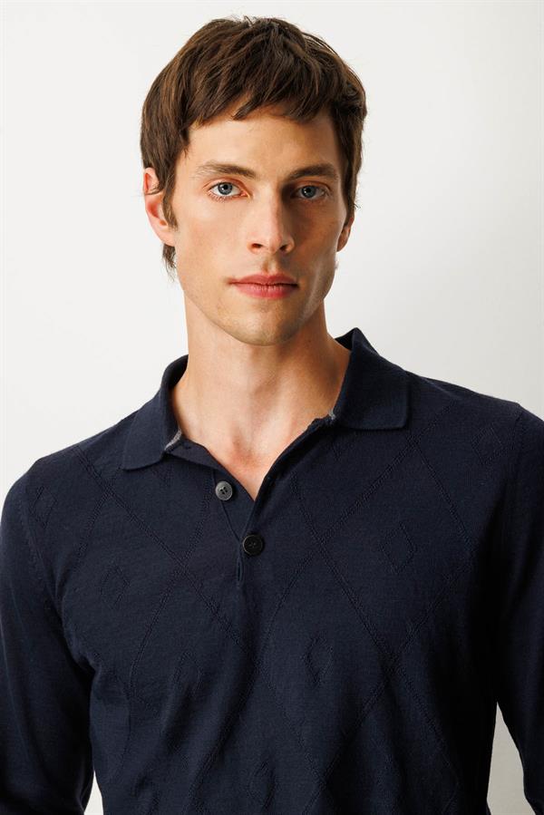 Erkek Polo Yaka Çizgili Baklavalı Yün Kazak K.Lacivert