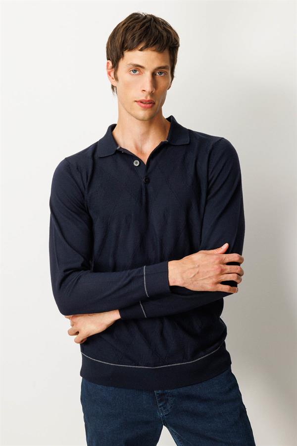 Erkek Polo Yaka Çizgili Baklavalı Yün Kazak K.Lacivert