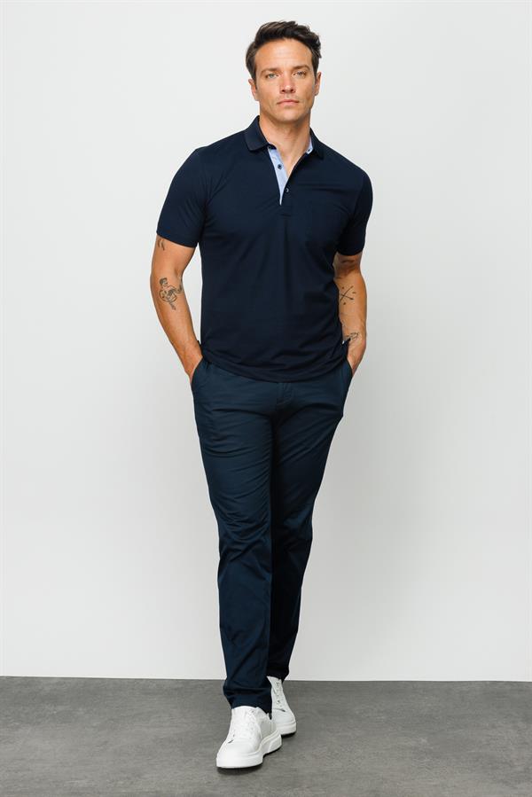 Erkek Polo Yaka Düğmeli Cepli T-shirt Lacivert