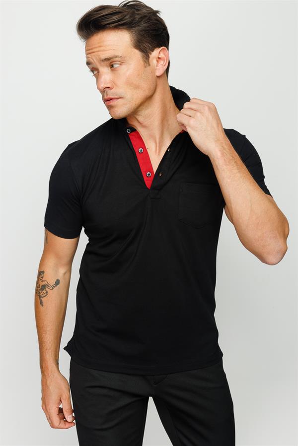 Мужская футболка с вырезом поло на пуговицах черная 