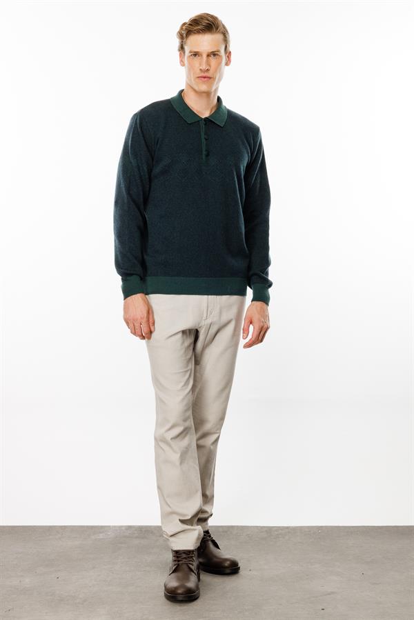 Erkek Polo Yaka Göğsü Baklava Desenli Yün Kazak Yeşil