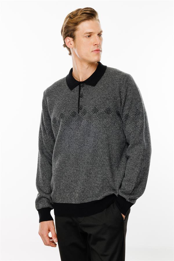 Erkek Polo Yaka Göğsü Baklava Desenli Yün Kazak Siyah