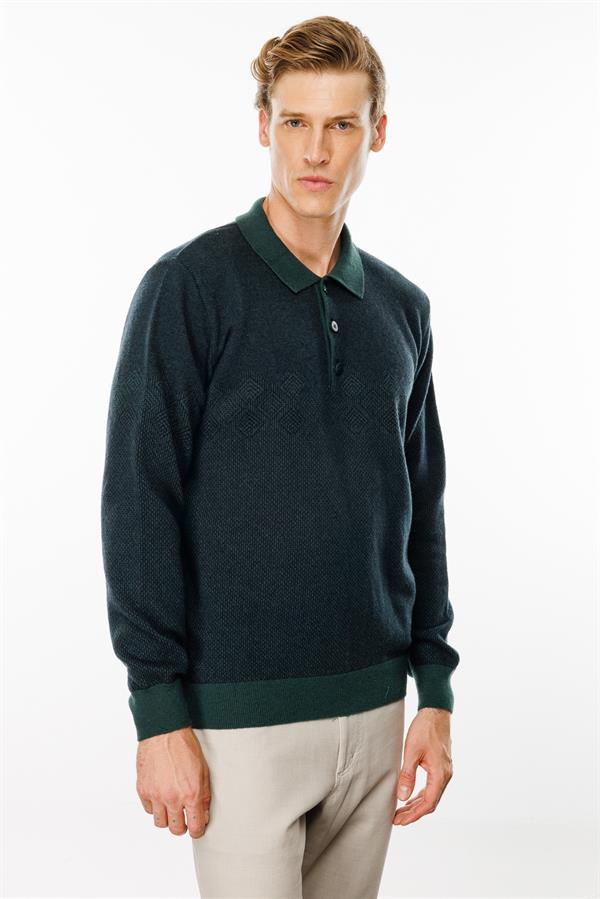 Erkek Polo Yaka Göğsü Baklava Desenli Yün Kazak Yeşil