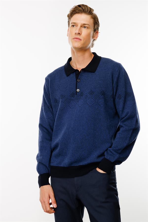 Erkek Polo Yaka Göğsü Baklava Desenli Yün Kazak K.Lacivert
