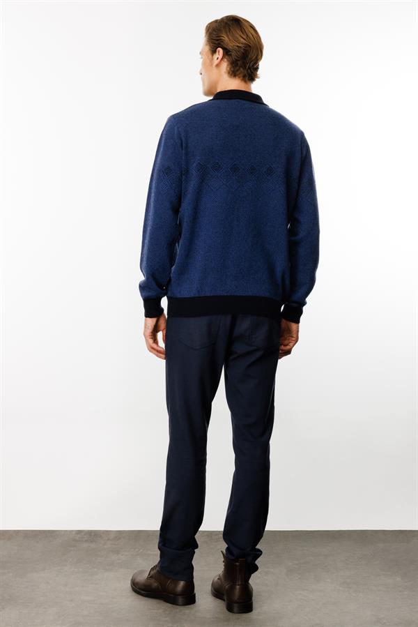 Erkek Polo Yaka Göğsü Baklava Desenli Yün Kazak K.Lacivert