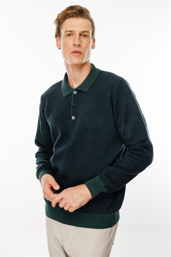 Erkek Polo Yaka Göğsü Baklava Desenli Yün Kazak Yeşil
