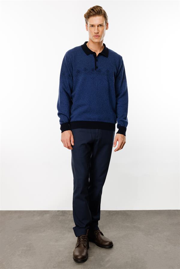 Erkek Polo Yaka Göğsü Baklava Desenli Yün Kazak K.Lacivert