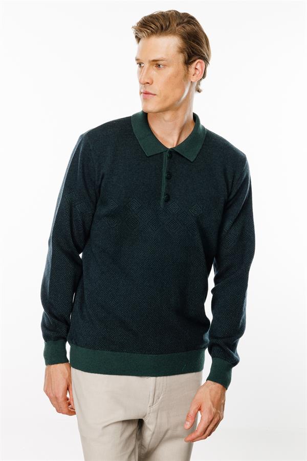 Erkek Polo Yaka Göğsü Baklava Desenli Yün Kazak Yeşil