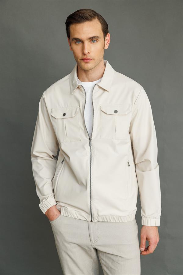 Erkek Polo Yaka Göğsü Cepli Mont Krem