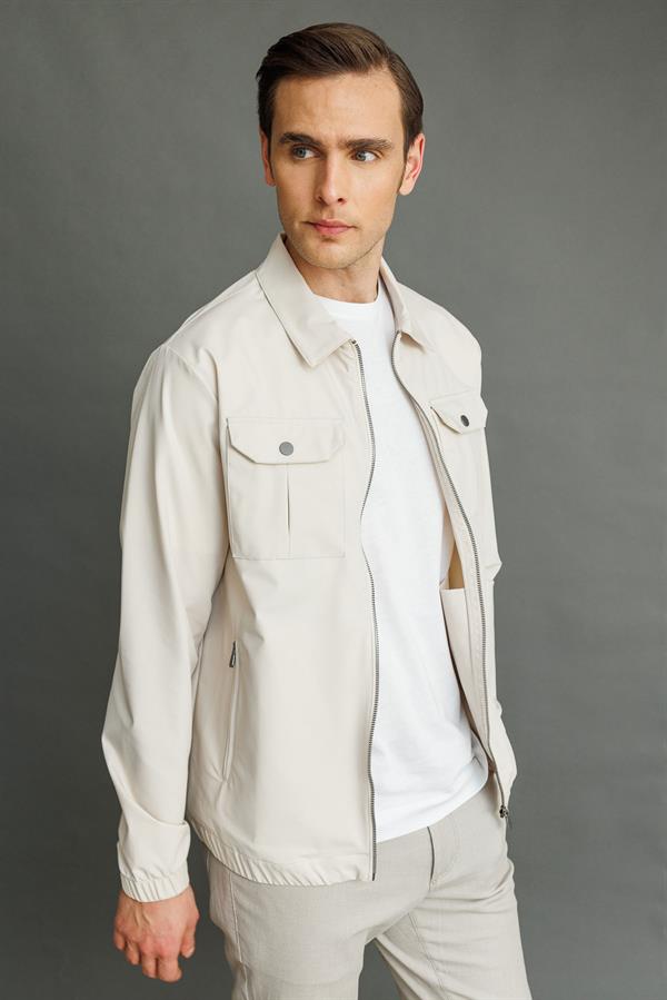 Erkek Polo Yaka Göğsü Cepli Mont Krem