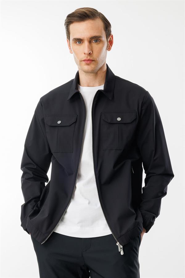 Erkek Polo Yaka Göğsü Cepli Mont Siyah