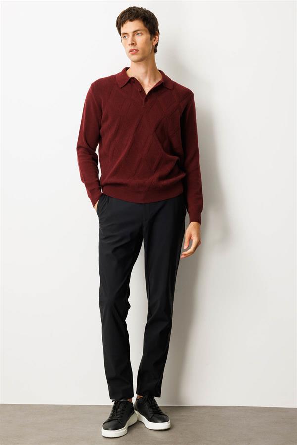 Erkek Polo Yaka Hasır Örgü Baklava Yürütmeli Yün Kazak Bordo