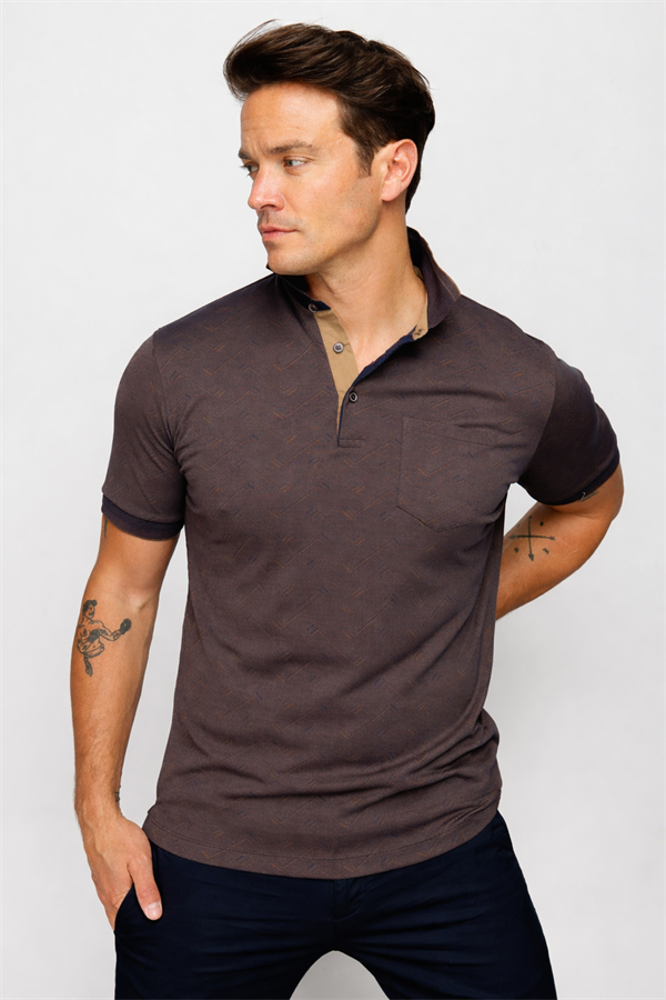 Mens Polo Neck Jacquard Buttoned T-shirt Brown
