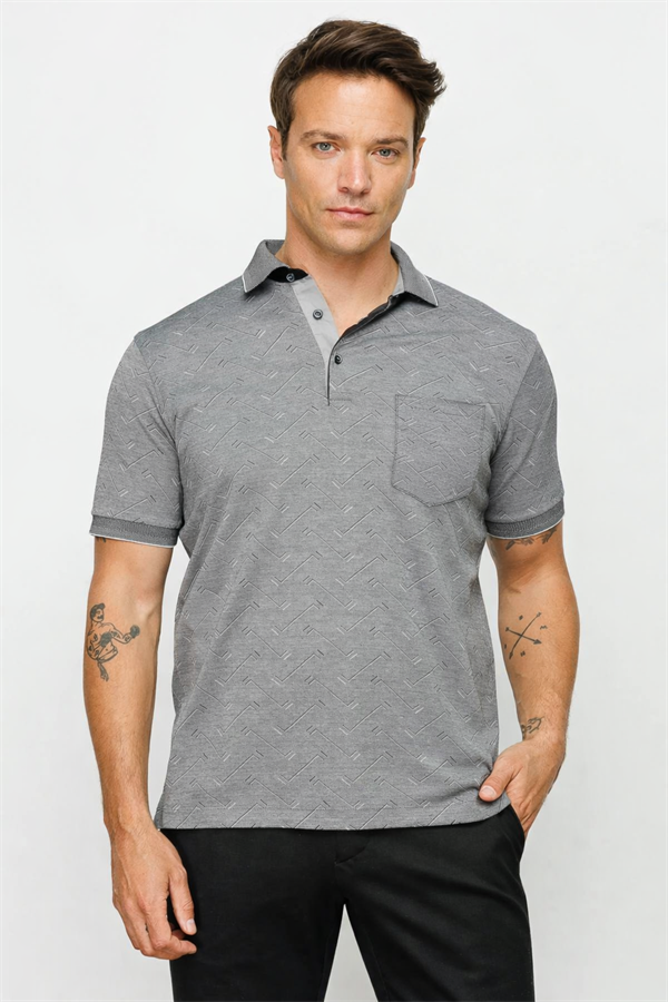Mens Polo Neck Jacquard Buttoned T-shirt Black