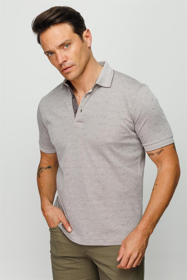 Мужская жаккардовая футболка поло на пуговицах бежевая