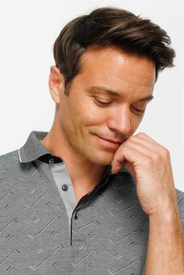 Mens Polo Neck Jacquard Buttoned T-shirt Black