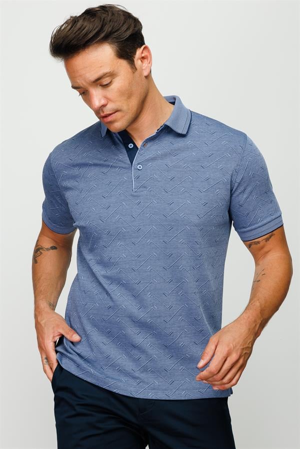 Мужская жаккардовая футболка поло на пуговицах темно синяя