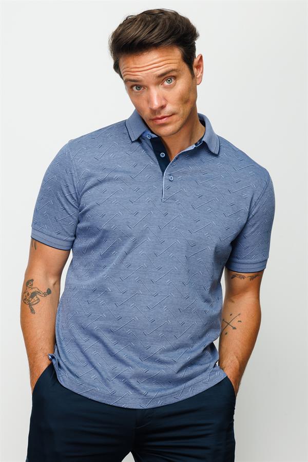Мужская жаккардовая футболка поло на пуговицах темно синяя