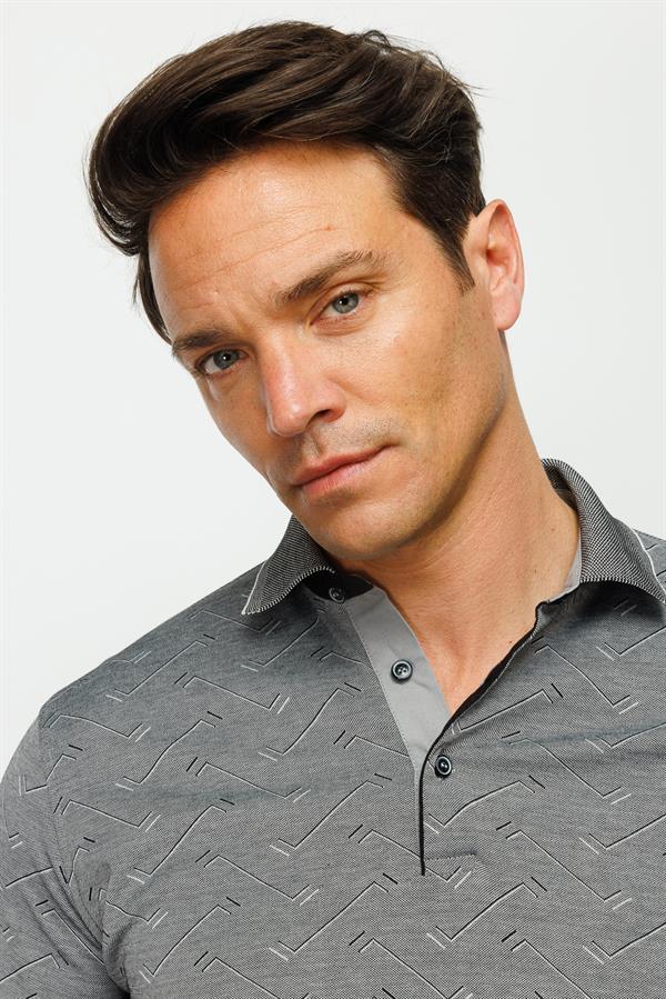 Mens Polo Neck Jacquard Buttoned T-shirt Black
