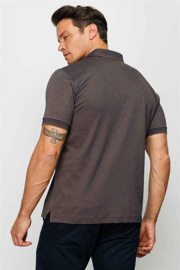 Mens Polo Neck Jacquard Buttoned T-shirt Brown