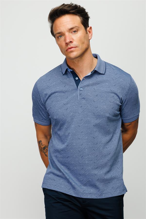 Мужская жаккардовая футболка поло на пуговицах темно синяя