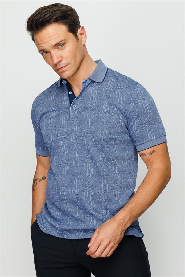 Мужская жаккардовая футболка поло с коротким рукавом темно синяя