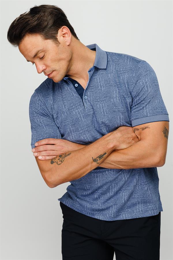 Мужская жаккардовая футболка поло с коротким рукавом темно синяя