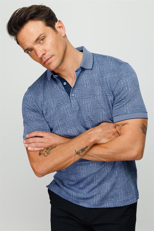 Мужская жаккардовая футболка поло с коротким рукавом темно синяя