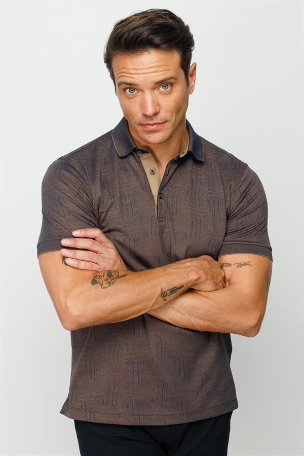 Мужская жаккардовая футболка поло с коротким рукавом коричневая