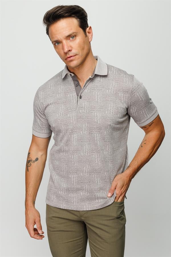 Мужская жаккардовая футболка поло с коротким рукавом бежевая