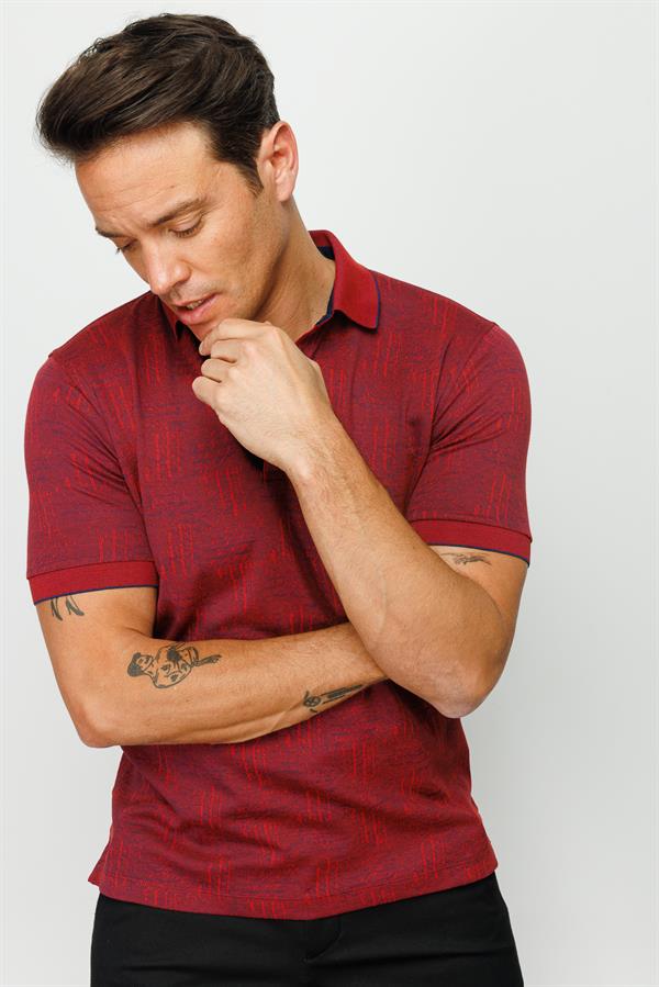 Мужская жаккардовая футболка поло с коротким рукавом бордовая