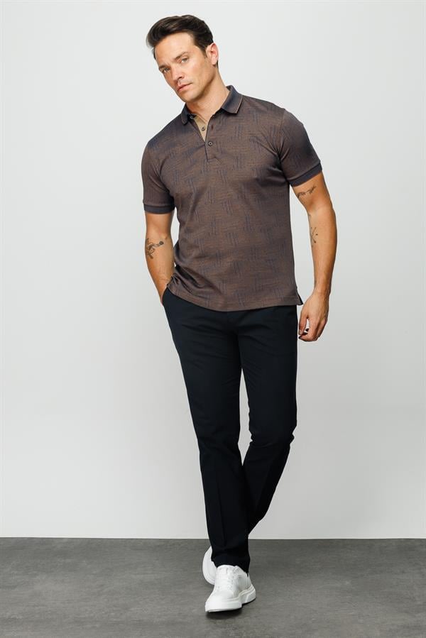 Мужская жаккардовая футболка поло с коротким рукавом коричневая