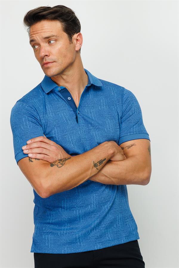 Мужская жаккардовая футболка поло с коротким рукавом ярко синяя