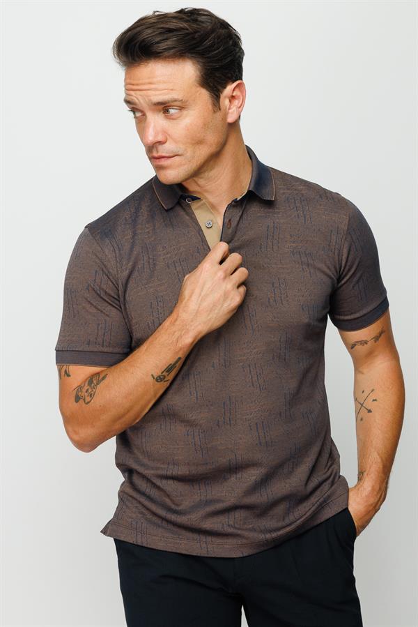 Мужская жаккардовая футболка поло с коротким рукавом коричневая
