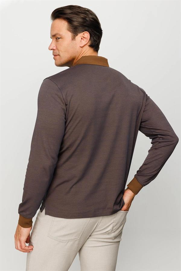 Erkek Polo Yaka Jakarlı Minik Desenli Sweatshirt Kahve