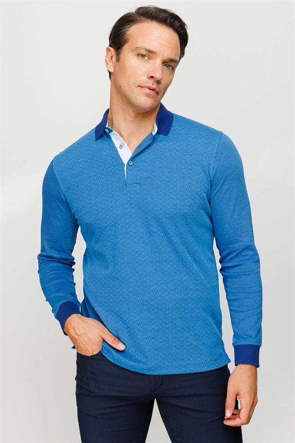 Erkek Polo Yaka Jakarlı Minik Desenli Sweatshirt Lacivert