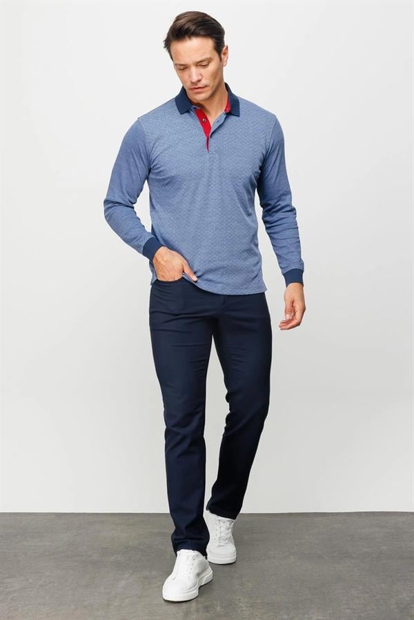 Erkek Polo Yaka Jakarlı Minik Desenli Sweatshirt Saks