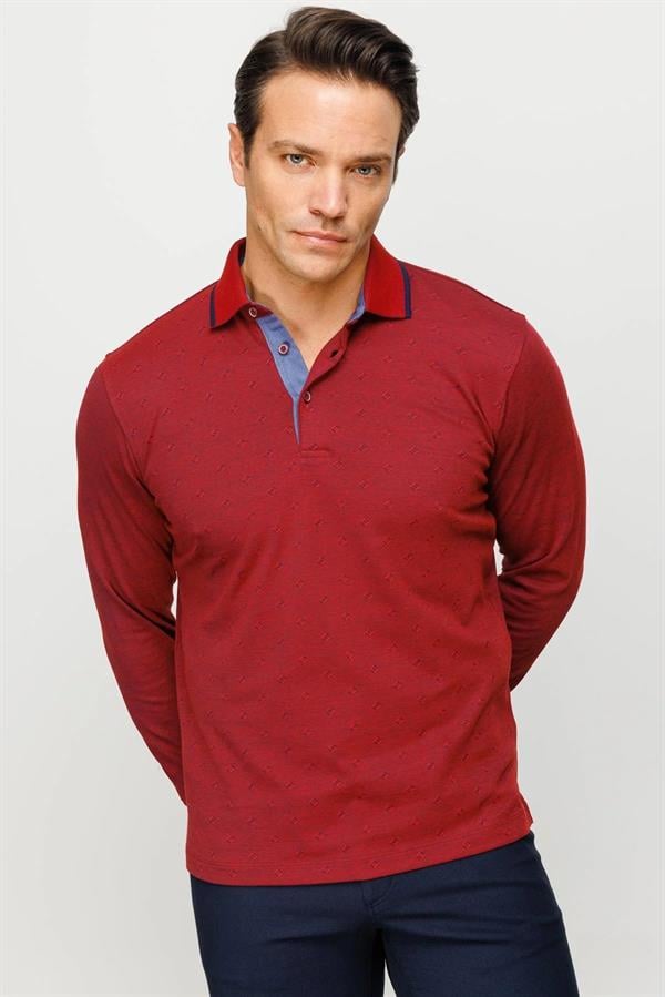 Erkek Polo Yaka Kare Desenli Uzun Kollu Sweatshirt Bordo