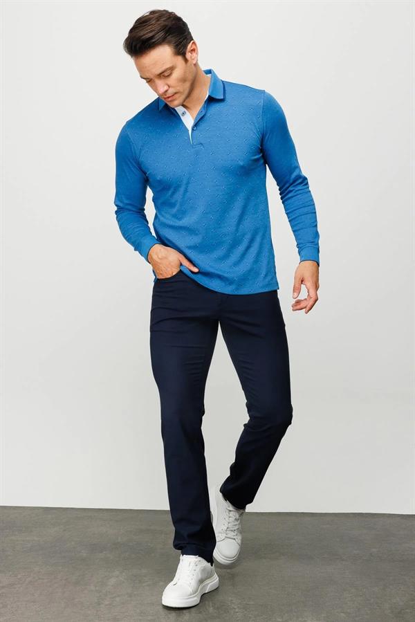 Erkek Polo Yaka Kare Desenli Uzun Kollu Sweatshirt Saks