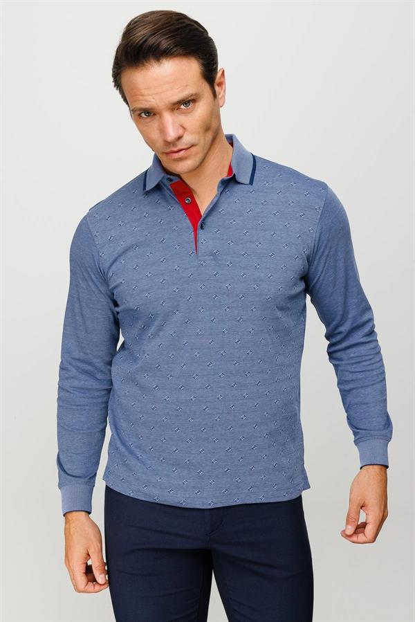 Erkek Polo Yaka Kare Desenli Uzun Kollu Sweatshirt Lacivert