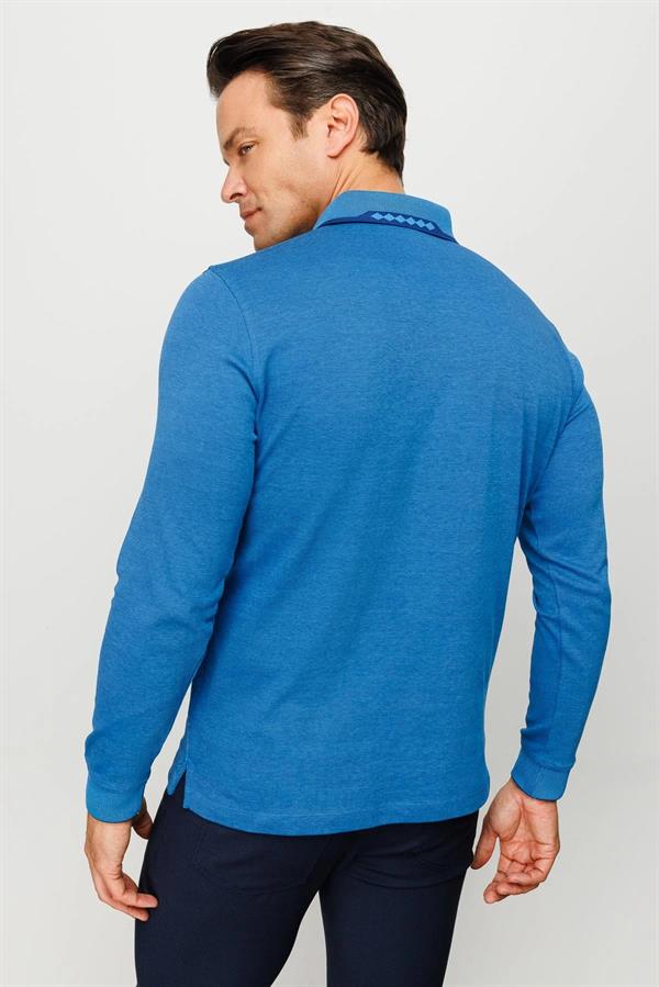 Erkek Polo Yaka Kare Desenli Uzun Kollu Sweatshirt Saks