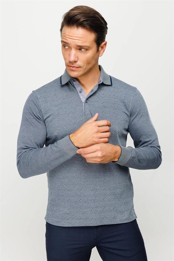 Erkek Polo Yaka Kare Desenli Uzun Kollu Sweatshirt Füme
