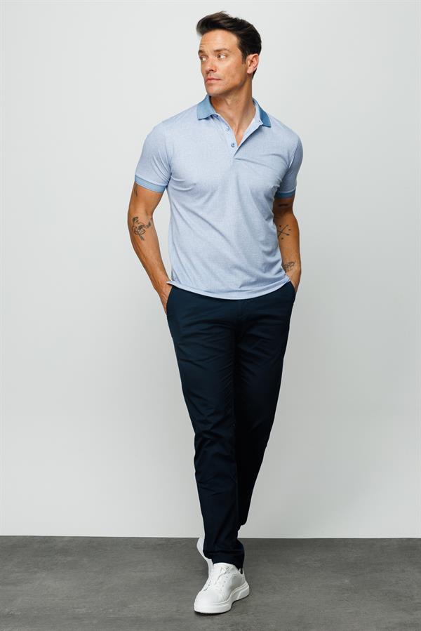 Мужская льняная футболка поло с принтом темно голубая