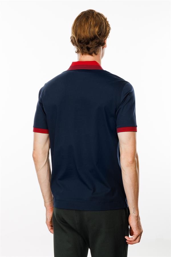 Erkek Polo Yaka Kolu ve Yakası Çizgili T-shirt Lacivert